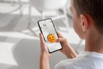 Wall Mural - boy on a mobile phone is playing an augmented reality game. view over shoulder at the phone display.