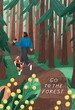 Woman and dog walking in forest. Summer nature landscape card background with trees in woods, person and pet. Girl strolling in woodland on holidays, weekend. Colored flat vector illustration