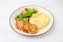 Mashed Potatoes With Chicken And Salad On A White Background