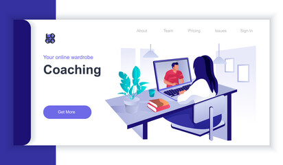Aufkleber - Coaching concept 3d isometric web banner with people scene. Woman listens personal consultation with mentor for business development. Vector illustration for landing page and web template design