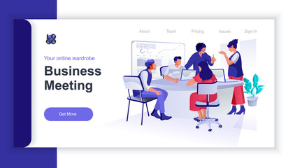 Wall Mural - Business meeting concept 3d isometric web banner with people scene. Colleagues discussing at conference, researching report presentation. Vector illustration for landing page and web template design