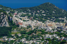 Anacapri Landscape Panorama With Low-rise Buildings Along The Hills Of Capri Island On The Gulf Of Naples, Campania, Italy