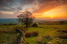 Sunset With Derelict Barn At Roach End, The Roaches, Peak District, Staffordshire, England