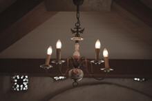 Antique Ceramic Red Rose Pattern Chandelier Lamp Lighting Bulbs On The Ceiling With Copy Space Interior For Home And Living Retro-style Building.