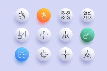 Poster - Click line icon. Pressing, sliding, full screen, tap, pressure, zoom out, scrolling, 3d object. Touch screen concept. Neomorphism style. Vector line icon for Business and Advertising