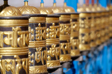 Rolling Metal Prayer Wheels Circling, With Mantra Written In Tibetan Language, Shakhya Tharig Buddhist Monastery, Kathmandu, Nepal