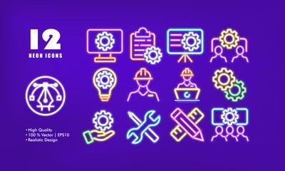 Poster - Setting set icon. Setup, configuration, idea, repair, worker, support service, layout, drawing, tool, development. Infographic concept. Neon glow style. Vector line icon for Business and Advertising