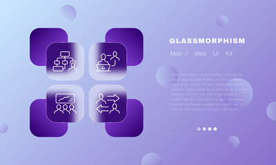 Poster - Analytics set icon. Remote work, delegation, chart, diagram, community, team building, computer, business. Infographic concept. Glassmorphism style. Vector line icon for Business and Advertising