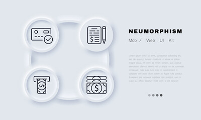 Poster - Payment set icon. Successful contactless payment, check, pencil, pen, terminal, ATM, bill, banknote. Money concept. Neomorphism style. Vector line icon for Business and Advertising