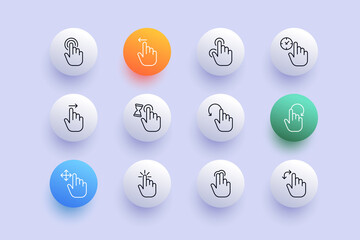 Poster - Click line icon. Pressing, sensot, hand, sliding, index finger, touch pad, tap, pressure, zoom out, scrolling. Touch screen concept. Neomorphism style. Vector line icon for Business and Advertising