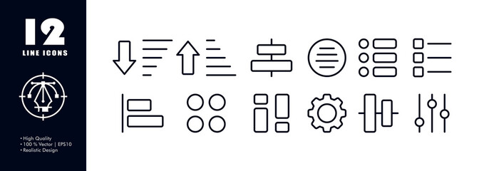Poster - Button menu set icon. Arrows, align, tiles, apps, gear, shapes, list, sorting, chart, circles, sliders, checkmark, cross, regulator. Applications concept. Vector line icon for Business and Advertising