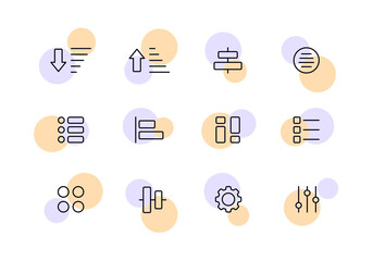 Poster - Button menu set icon. Arrows, align, tiles, apps, gear, shapes, list, fullscreen, circles, squares, chart, circles, sliders, cross, regulator. Applications concept. Vector line icon for Business