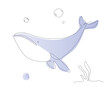 One line whale illustration. Sea life mammal line art vector. Cute fish outline