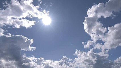 Wall Mural - sun with cloud and blue sky timelape of dayligh dramatic fast moving white clouds on sunny blue sky.