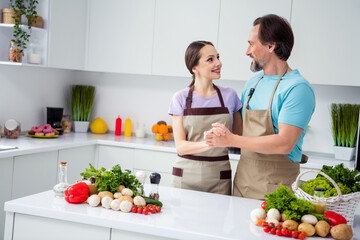 Poster - Photo of two peaceful lovely partners hold hands embrace house kitchen indoors