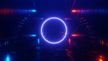 Neon Circle On Abstract Sci-fi Tunnel Background. 3d Render