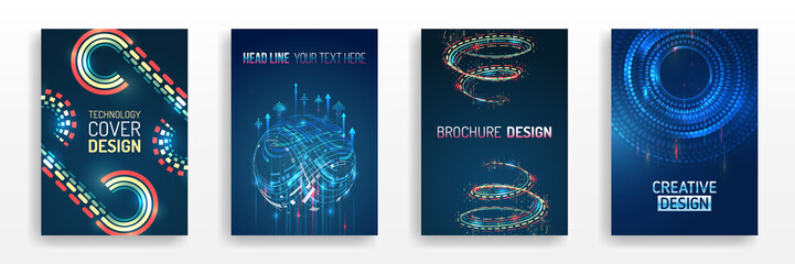 Abstract vector template in hi-tech style. Modern cover design using tech elements and data visualization. Futuristic layout for presentation, poster, leaflet, annual report, a4 size.