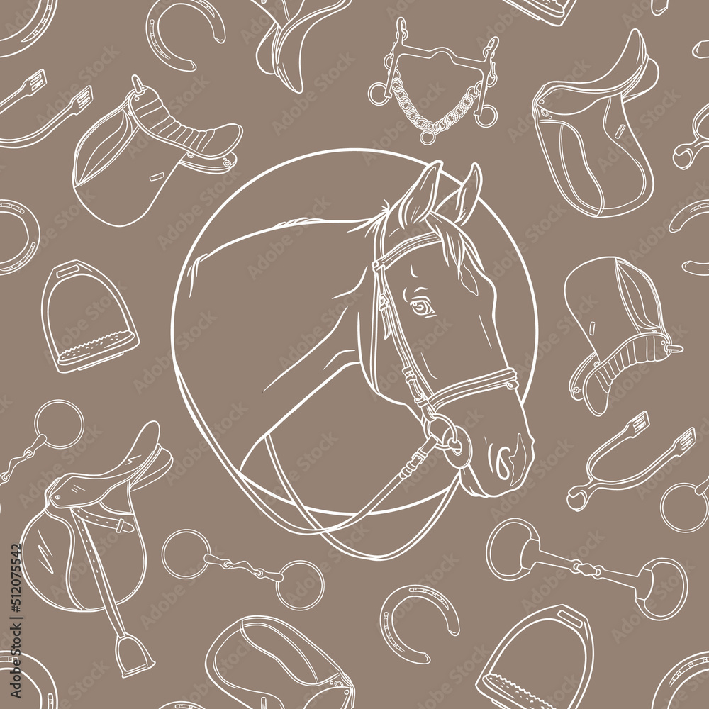Seamless pattern with a portrait of a horse and different types of ...
