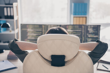 Poster - Rear back behind view portrait of qualified skilled girl geek developing htmp database source at workplace workstation indoors