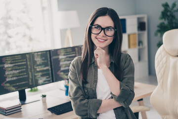 Sticker - Portrait of attractive cheerful girl making decision web development company thinking at workplace workstation indoors