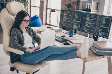 Poster - Full body profile side photo of young girl chat type laptop sit stool support service server project indoors