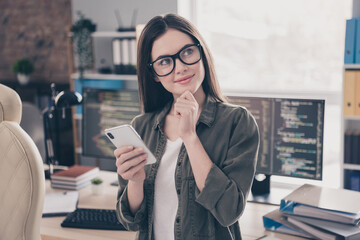 Poster - Portrait of beautiful cheerful girl web developer using gadget app creating finding tech solution at workplace workstation indoors