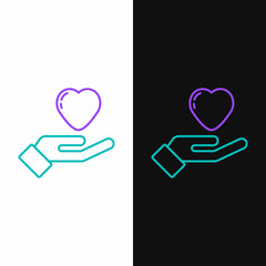 Poster - Line Heart in hand icon isolated on white and black background. Hand giving love symbol. Valentines day symbol. Colorful outline concept. Vector