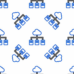 Poster - Line Online working icon isolated seamless pattern on white background. Freelancer man working on laptop at his house. Remote work. Distant job concept. Colorful outline concept. Vector
