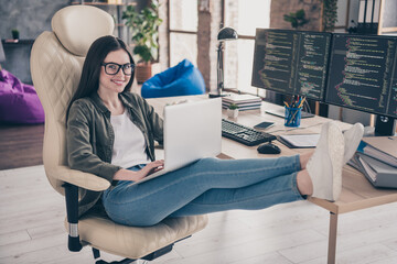 Poster - Full size profile side photo of young pretty girl use laptop jawa script project sit armchair indoors