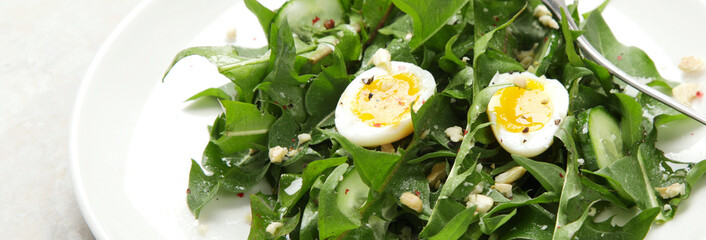 Wall Mural - Fresh dandelion salad on light background.