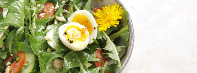 Wall Mural - Fresh dandelion salad on light background.