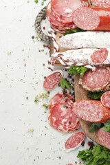 Wall Mural - Sausages salami assortment on light background.