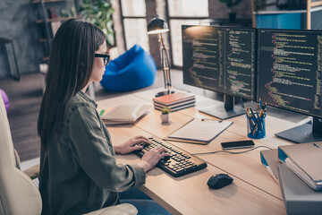 Poster - Profile side view portrait of attractive skilled focused girl providing tech support service writing html at workplace workstation indoors