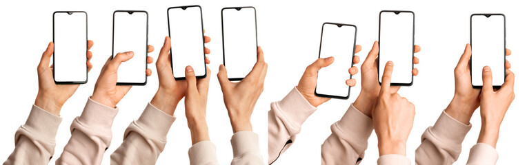 A man holds in his hands a blank black smartphone screen with a modern frameless design. Seven positions isolated on white background