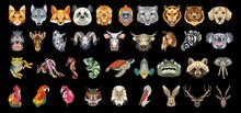 Big Vector Animal Faces Set. Abstract Mosaic Animals, Birds And Fish Portraits. Abstract Geometric Animals Illustrations. Totemic Animal Faces Avatars.