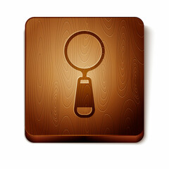 Canvas Print - Brown Magnifying glass icon isolated on white background. Search, focus, zoom, business symbol. Wooden square button. Vector