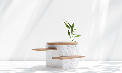 Wall Mural - Terrazzo marble podium with rounded wood on background for product presentation. Natural beauty pedestal, relaxation and health, 3d illustration