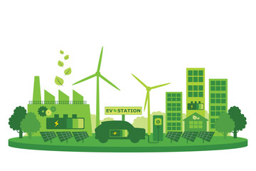 Wall Mural - Renewable energy, Environmentally sustainability ecological, Green city and Technology, Electricity from wind power generators, Solar Panels connected to Smart Home, Electric Car and Charging station.