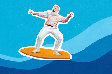 Sticker - Composite collage painting of happy grandfather catch wave going surfing isolated on sea ocean drawing background