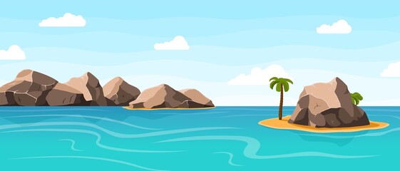 Canvas Print - Rocks in water, sea with giant stones and sand island with palm tree. Nature background, aquatic world. Tropical beach vector scene