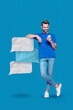 Creative banner collage of smiling guy use device have app interaction get send text box isolated blue color background