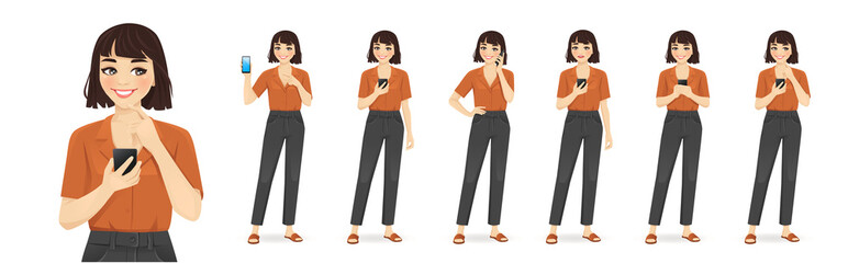 Wall Mural - Young woman casual style clothes holding mobile phone, talking, texting and showing empty sreen isolated vector illustration