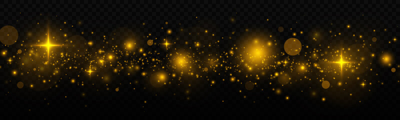 Wall Mural - Shiny dust sparks and stars with light effect. Glitter bokeh lights is isolated on a transparent background. Golden glow light effect.