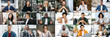 Leinwandbild Motiv Panoramic mosaic collage of a faces of multiracial group of successful smiling men and women, of different ages, expressing different emotions, looking at the camera. Diversity people concept.