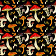 Seamless watercolor pattern of mushrooms on black field. Russula, fly agaric, chanterelles, toadstools, snail. Poison mushroom. Design for textile, packaging, wallpaper. Halloween magic background.	