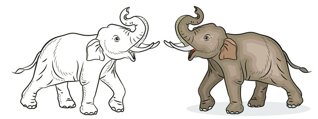  Animals. Black-and-white and color image of a large elephant, coloring book for children.
 Vector image.
