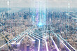 Aerial panoramic helicopter city view of Upper Manhattan, Midtown and Downtown, New York, USA. Artificial Intelligence concept, hologram. AI, machine learning, neural network, robotics