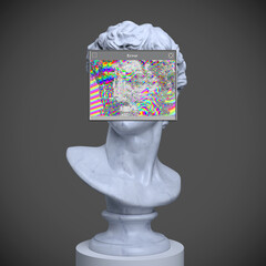Abstract concept illustration of white marble male classical bust on pedestal with overlaid glitch colorful frame face portion from 3d rendering on grey background.