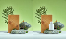 Stone Podium With Leaves On A Light Green Background. Tree, Stones, Green. Natural Pedestal For Cosmetic Products.