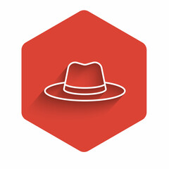 Sticker - White line Man hat with ribbon icon isolated with long shadow background. Red hexagon button. Vector